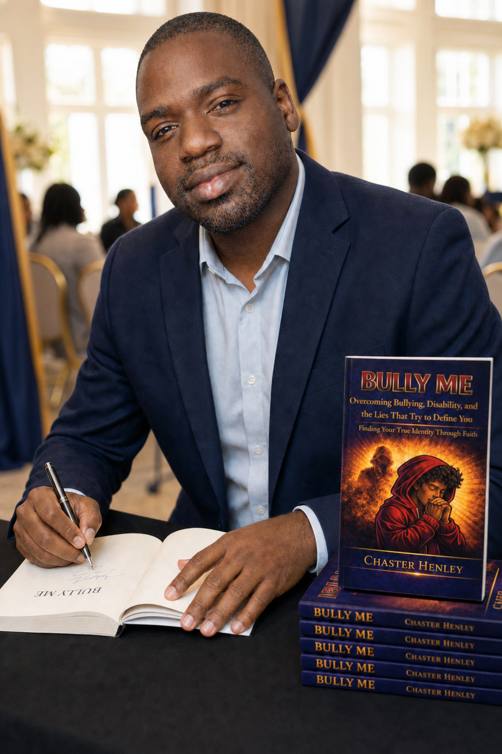Chaster Henley signing his book Bully Me