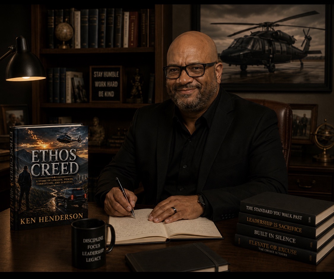 Ken Henderson seated beside his book Ethos Creed